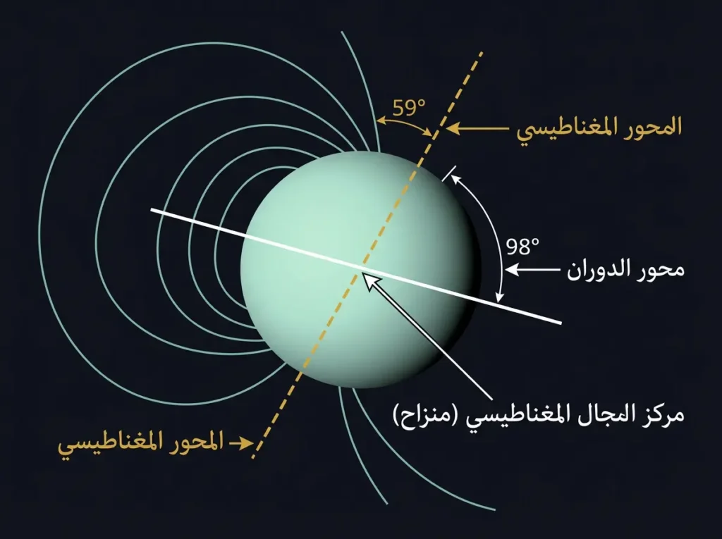 رسم علمي يوضح المجال المغناطيسي المشوّه لكوكب أورانوس مع انحراف المحور المغناطيسي بزاوية 59 درجة عن محور الدوران وإزاحة مركز المجال عن مركز الكوكب