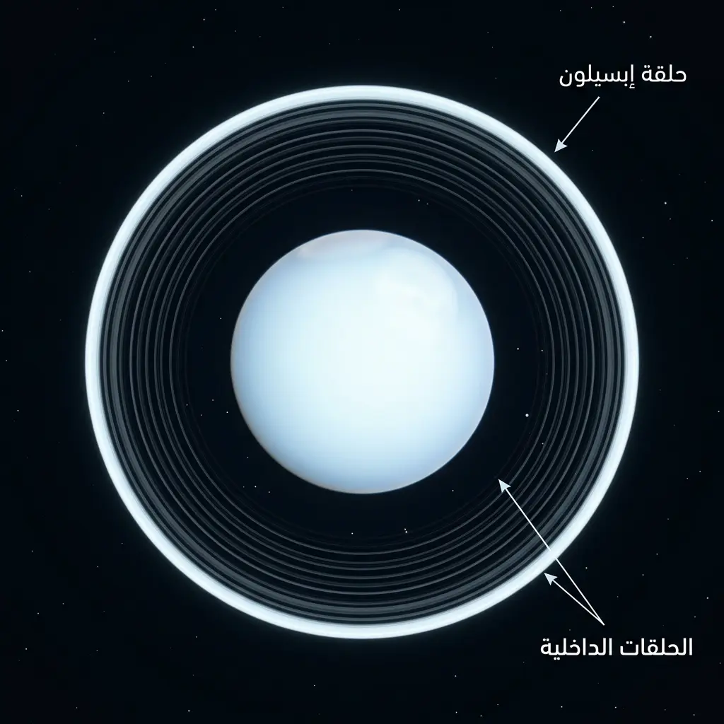 تمثيل واقعي لكوكب أورانوس وحلقاته الـ 13 المظلمة والرفيعة كما تبدو بالأشعة تحت الحمراء على غرار أرصاد تلسكوب جيمس ويب الفضائي
