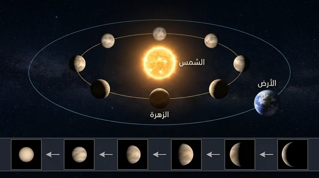 رسم ثلاثي الأبعاد يوضح مداري الزهرة والأرض حول الشمس مع أطوار الزهرة المختلفة.