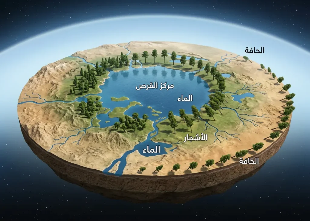 رسم يوضح تجمع الماء في مركز قرص مسطح وتزايد ميل الأشجار كلما ابتعدت عن المركز