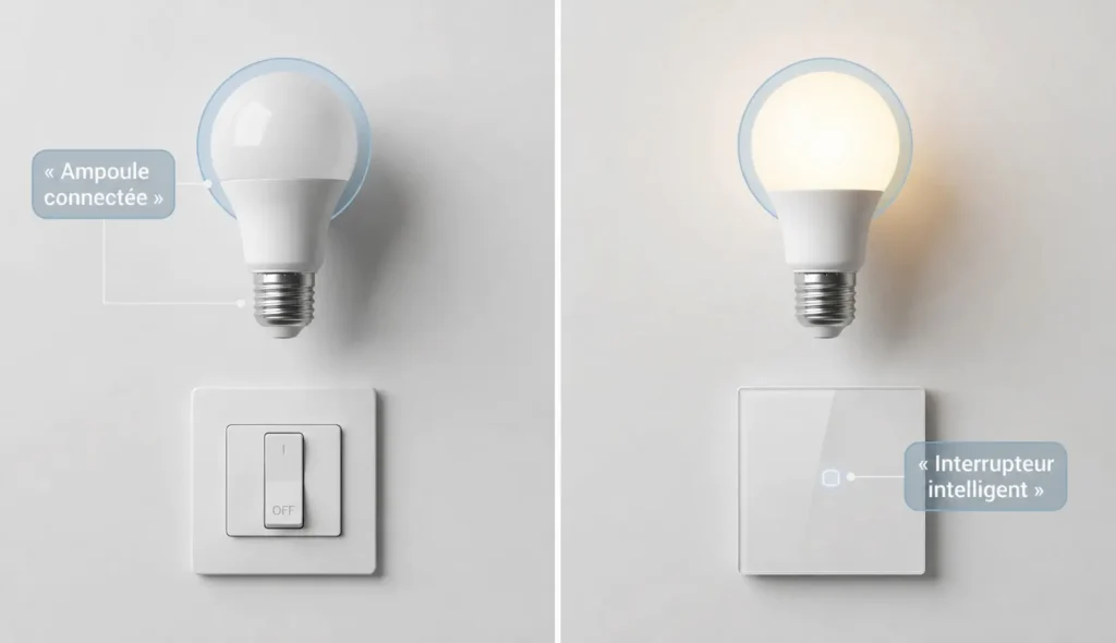 Comparaison entre ampoule LED connectée avec interrupteur physique et interrupteur intelligent mural contrôlant une ampoule standard.