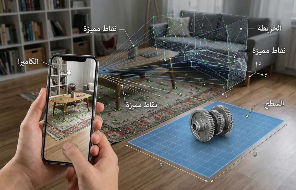رسم تقني يوضح كيف تستخدم كاميرا الهاتف النقاط المميزة والسطح والخريطة لوضع عنصر رقمي في الواقع المعزز.