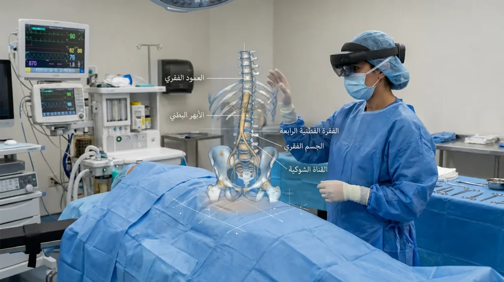 جراح يستخدم نظارة واقع مختلط فوق مريض مغطى داخل غرفة عمليات مع عرض تشريحي ثلاثي الأبعاد محاذٍ للجسم.