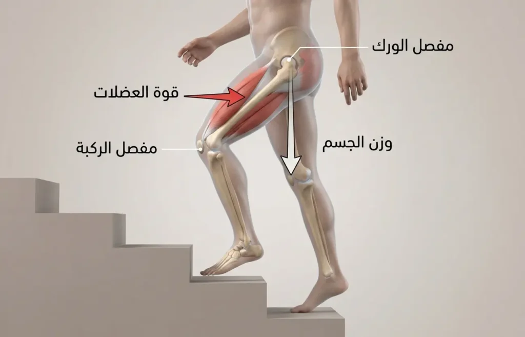 مجسم علمي ثلاثي الأبعاد يوضح قوى الجسم الأساسية المؤثرة على مفصل الورك والركبة أثناء صعود الدرج.