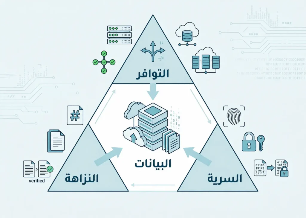 إنفوجرافيك علمي يشرح مثلث CIA من خلال ثلاثة أركان: السرية والنزاهة والتوافر، مع البيانات في المركز.