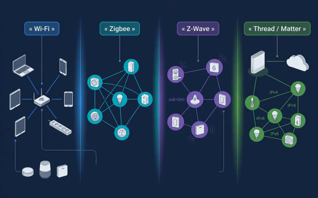 Comparaison visuelle des topologies réseau Wi-Fi, Zigbee, Z-Wave et Thread/Matter pour les systèmes domotiques résidentiels.