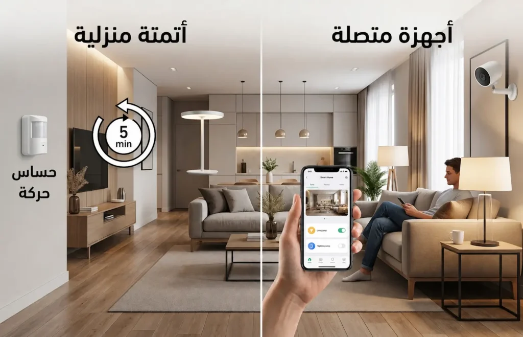 رسم معلوماتي يقارن بين جهاز متصل يُتحكم به يدوياً من الهاتف وبين أتمتة منزلية تعمل تلقائياً عبر حساس حركة.