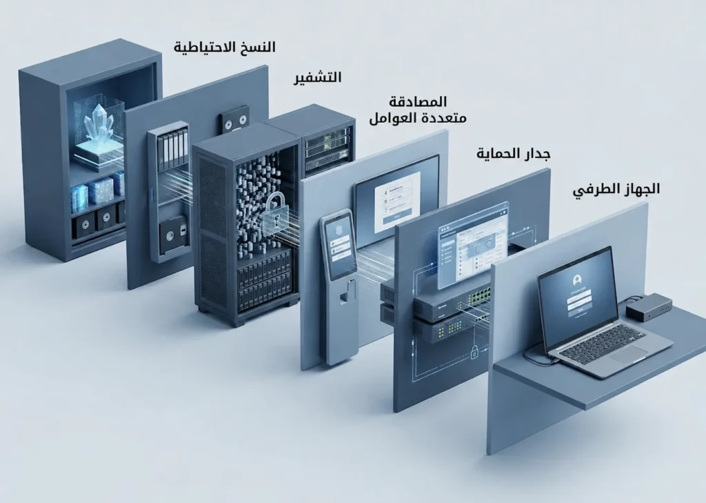 عرض ثلاثي الأبعاد يوضح طبقات الحماية في الأنظمة الحقيقية من الجهاز الطرفي حتى النسخ الاحتياطية المعزولة.