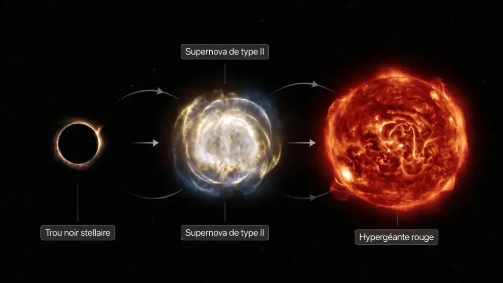 Séquence astronomique réaliste illustrant les trois étapes finales d'une hypergéante rouge : effondrement, supernova de type II, et formation d'un trou noir stellaire.