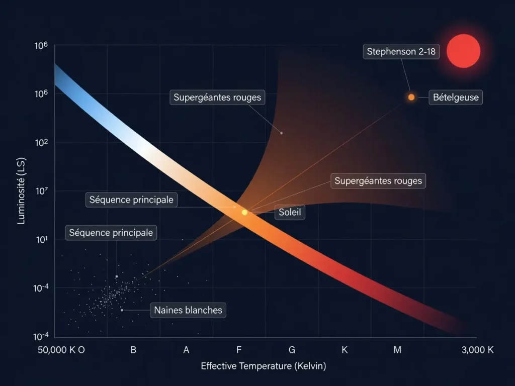 Diagramme de Hertzsprung-Russell montrant la position extrême de Stephenson 2-18 parmi les étoiles les plus froides et les plus lumineuses de l'univers connu.