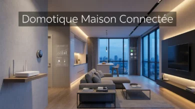 Intérieur d'une maison connectée moderne avec interfaces domotiques, éclairage LED et tableau de bord de sécurité numérique.