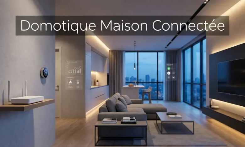 Intérieur d'une maison connectée moderne avec interfaces domotiques, éclairage LED et tableau de bord de sécurité numérique.