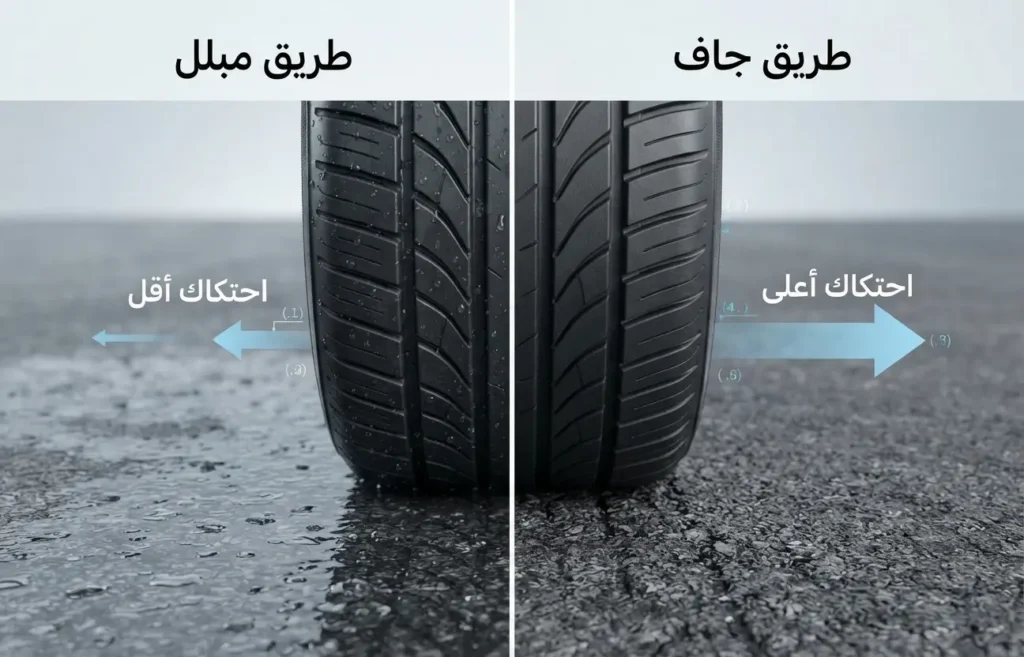 مقارنة بصرية بين تماس إطار مع طريق جاف وآخر مبلل لإظهار اختلاف قوة الاحتكاك.