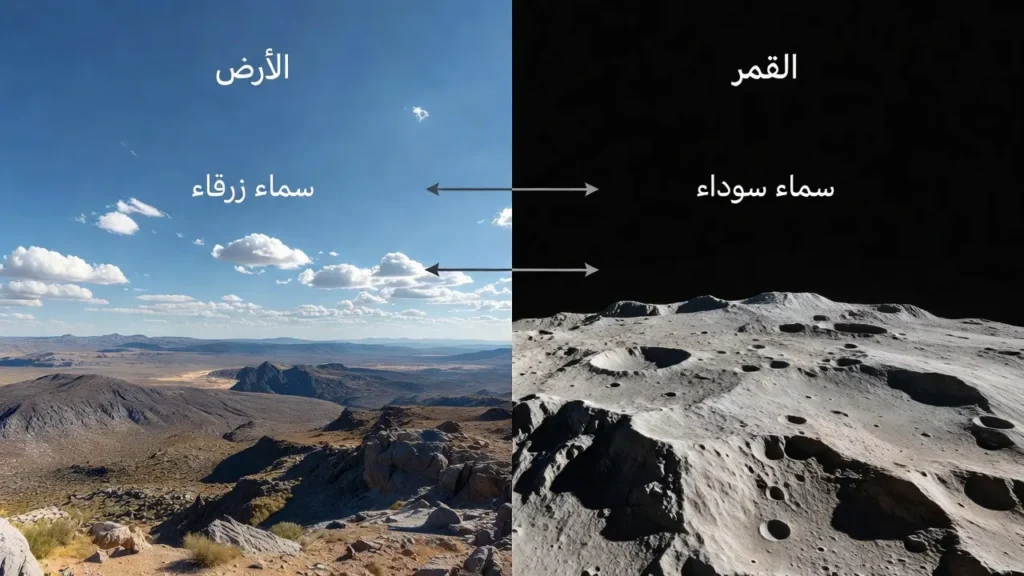 مقارنة مرئية بين السماء الزرقاء على الأرض والسماء السوداء على القمر في وجود الشمس.