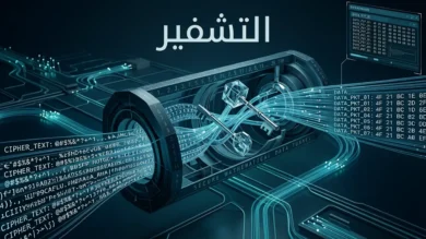 صورة غلاف علمية عن التشفير تُظهر تحوّل البيانات المقروءة إلى شيفرة رقمية محمية داخل بنية شبكية رياضية.