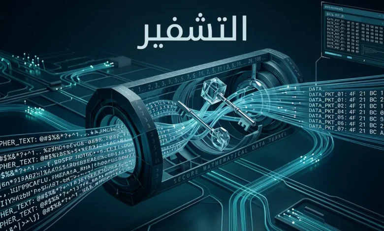 صورة غلاف علمية عن التشفير تُظهر تحوّل البيانات المقروءة إلى شيفرة رقمية محمية داخل بنية شبكية رياضية.