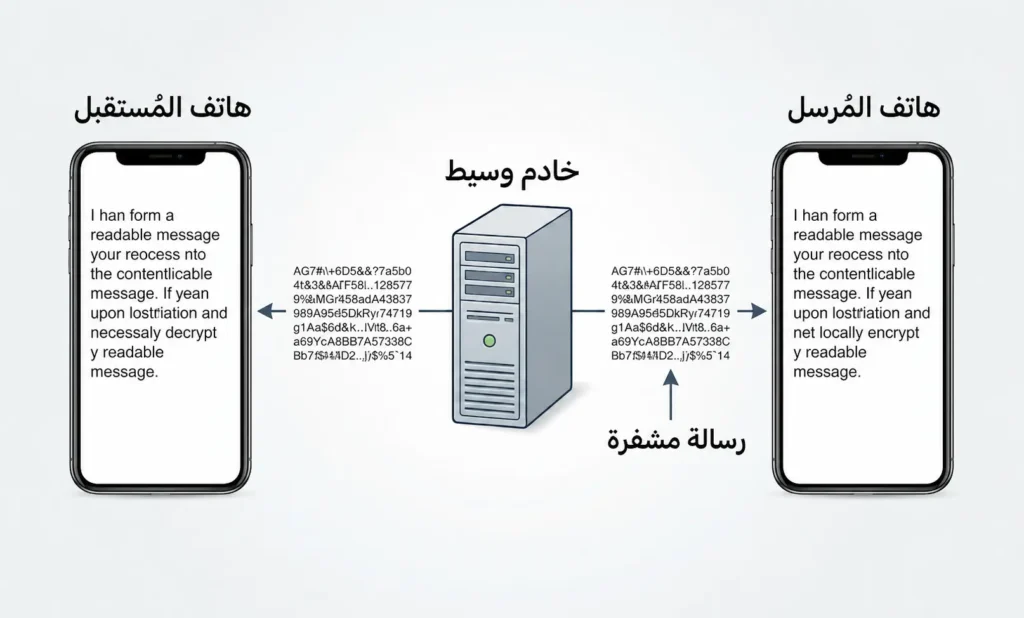 رسم يوضح انتقال رسالة مشفرة من هاتف المرسل إلى هاتف المستقبِل عبر خادم وسيط لا يستطيع قراءتها.