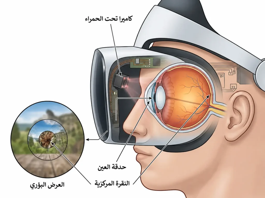 رسم علمي يوضح تتبع العين داخل نظارة الواقع الافتراضي وآلية العرض البؤري