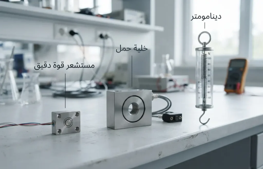 صورة واقعية لأدوات قياس القوة تشمل دينامومتراً وخلية حمل ومستشعراً دقيقاً.