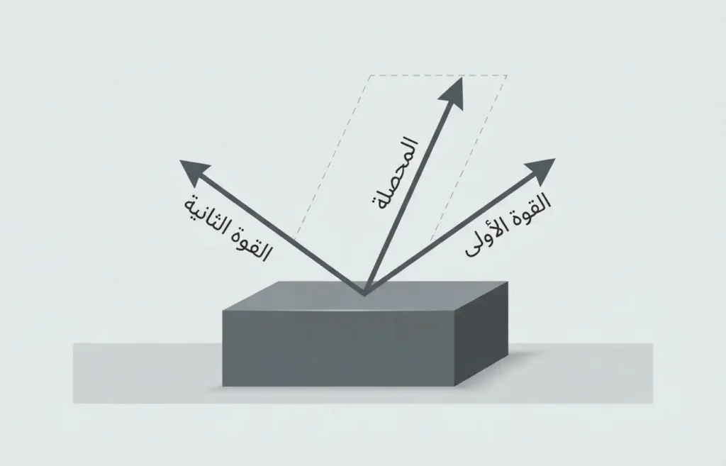 رسم معلوماتي يوضح قوتين تؤثران في جسم واحد مع متجه المحصلة الناتج عنهما.