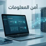 صورة غلاف تمثل بيئة رقمية مؤمّنة تضم هاتفاً وحاسوباً وخادماً مع تدفقات بيانات مشفرة وعنوان «أمن المعلومات».