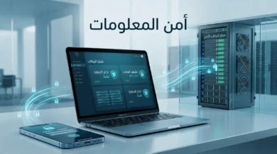 صورة غلاف تمثل بيئة رقمية مؤمّنة تضم هاتفاً وحاسوباً وخادماً مع تدفقات بيانات مشفرة وعنوان «أمن المعلومات».