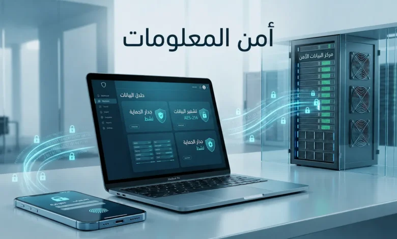 صورة غلاف تمثل بيئة رقمية مؤمّنة تضم هاتفاً وحاسوباً وخادماً مع تدفقات بيانات مشفرة وعنوان «أمن المعلومات».