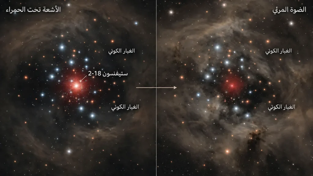 مقارنة بصرية بين الرصد بالضوء المرئي والرصد بالأشعة تحت الحمراء تُظهر كيف يكشف تحت الحمراء النجم ستيفنسون 2-18 خلف الغبار الكوني.