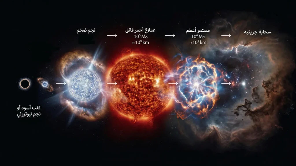 تسلسل بصري يوضح مراحل حياة نجم ضخم من السحابة الجزيئية إلى العملاق الأحمر الفائق ثم المستعر الأعظم والبقايا المضغوطة.