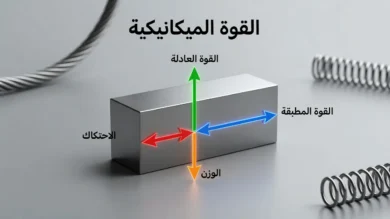 غلاف علمي يوضح جسماً معدنياً تؤثر فيه قوى ميكانيكية أساسية مع عنوان القوة الميكانيكية.