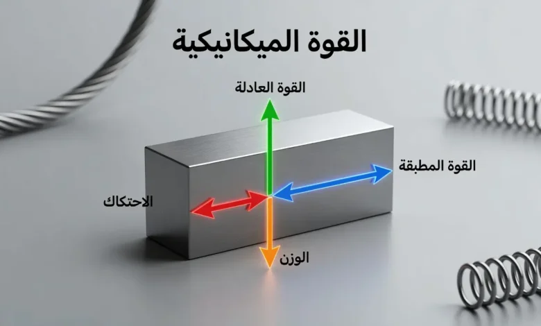 غلاف علمي يوضح جسماً معدنياً تؤثر فيه قوى ميكانيكية أساسية مع عنوان القوة الميكانيكية.