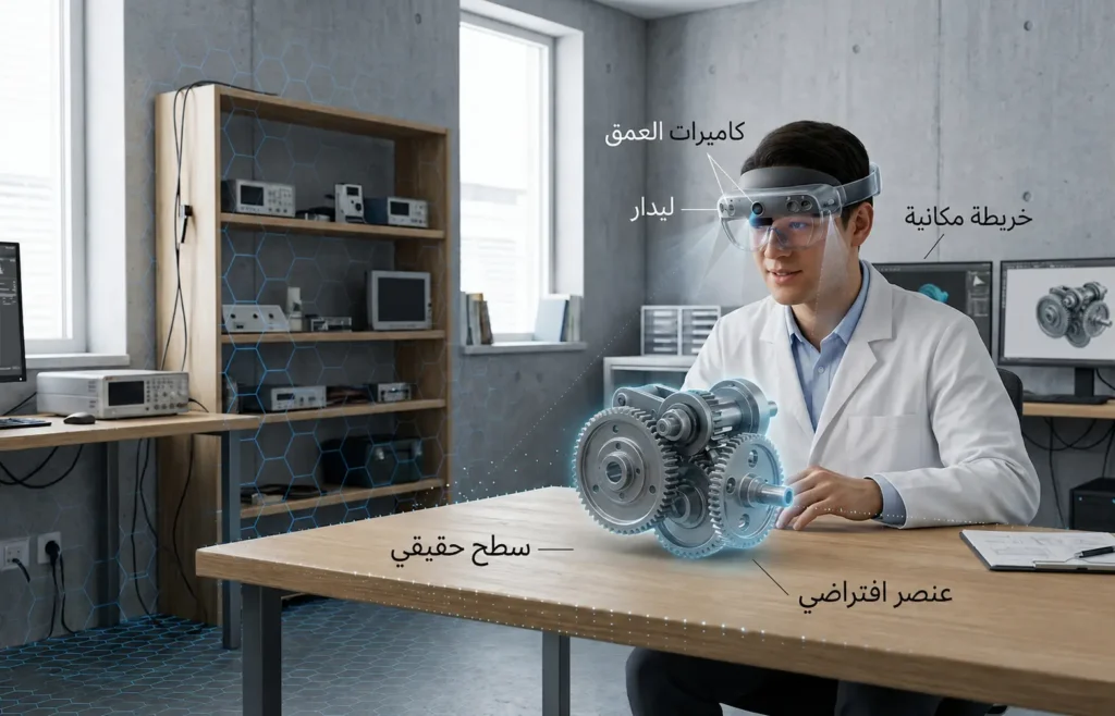 رسم ثلاثي الأبعاد يوضح كيف يستخدم الواقع المختلط كاميرات العمق والليدار لبناء خريطة مكانية وتثبيت عنصر افتراضي على سطح حقيقي.