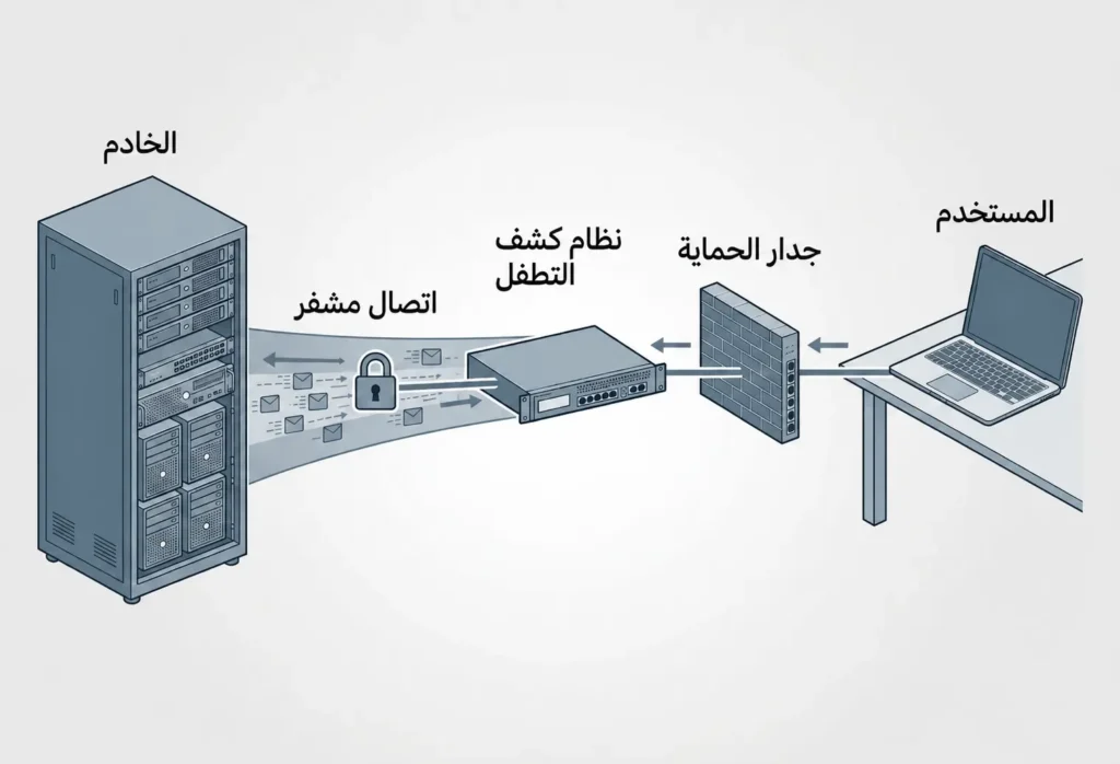 رسم تقني يوضح مسار البيانات من المستخدم إلى الخادم مروراً بجدار الحماية ونظام كشف التطفل واتصال مشفّر.