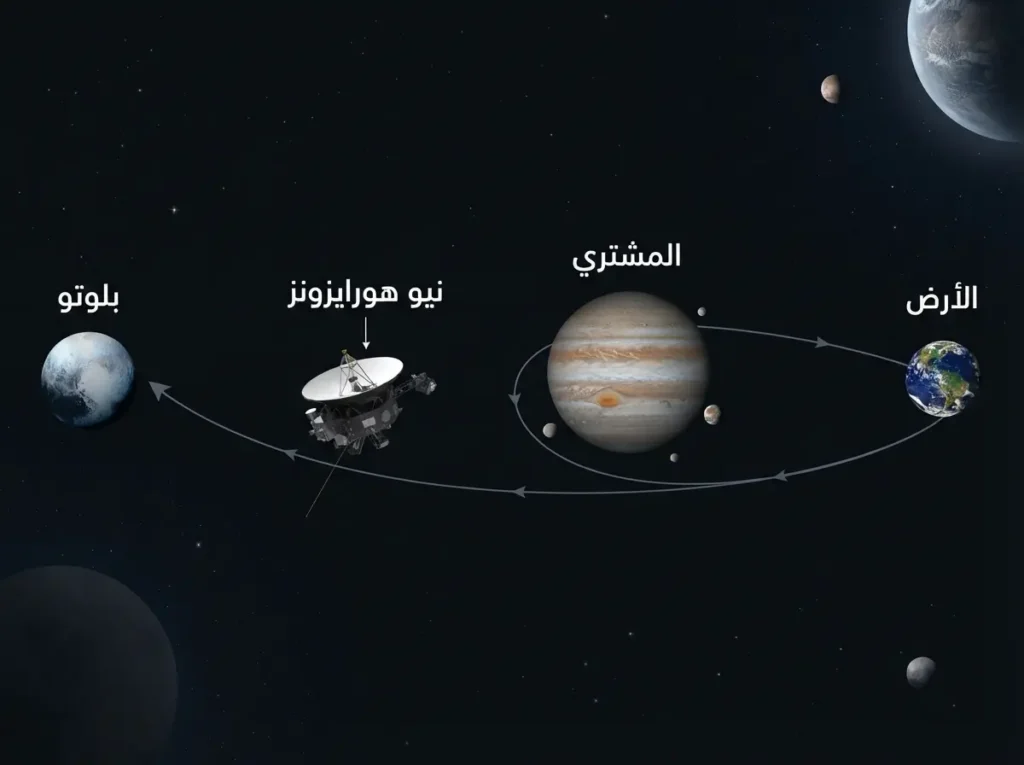 إنفوجرافيك يوضح رحلة نيو هورايزونز من الأرض إلى المشتري ثم إلى بلوتو