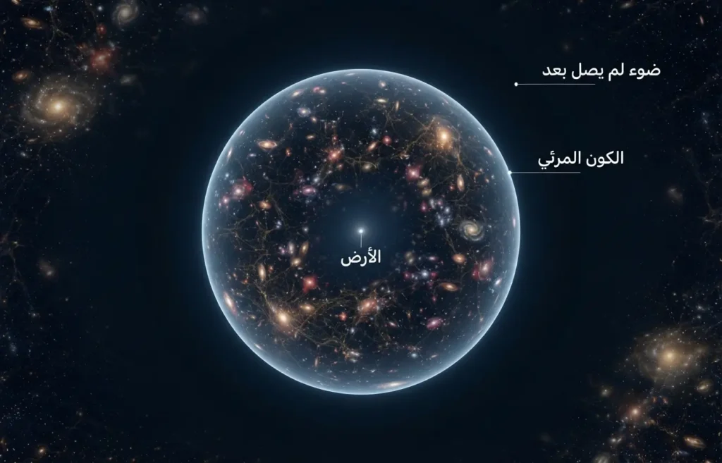 رسم علمي يوضح الأرض داخل الكون المرئي مع منطقة خارجية لم يصل ضوؤها بعد.