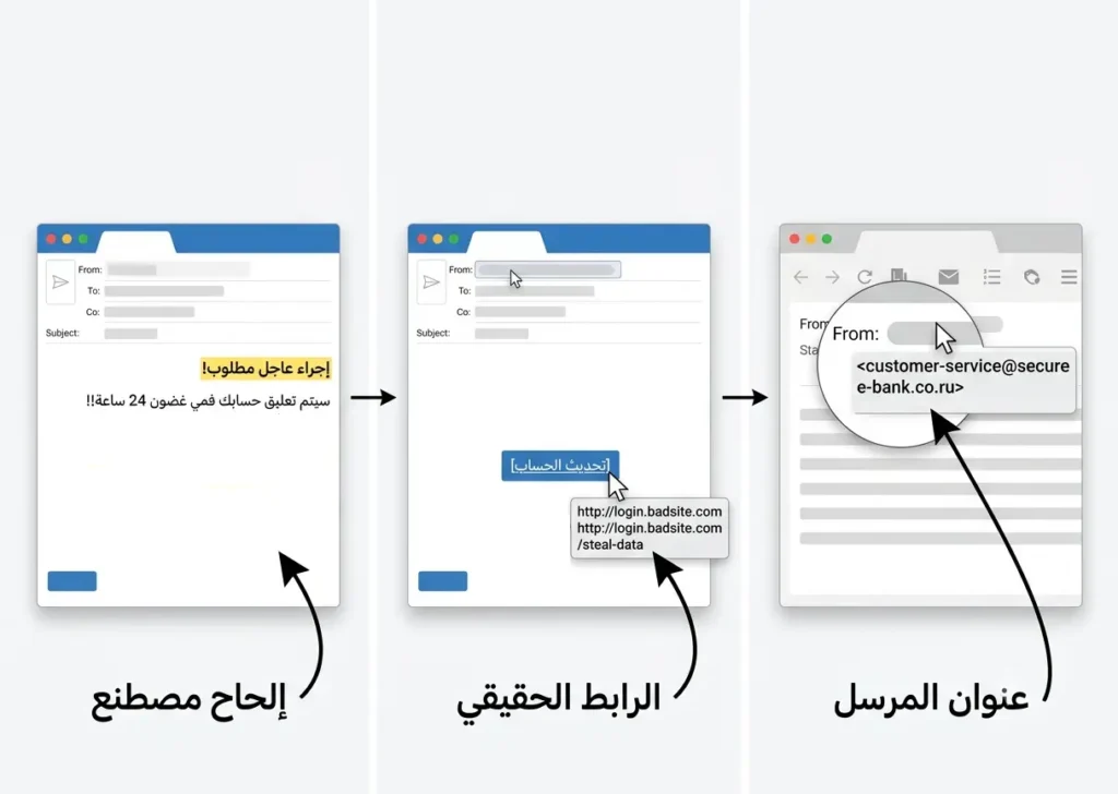  إنفوجرافيك من ثلاث خطوات يوضح كيف تفحص عنوان المرسل والرابط الحقيقي والإلحاح المصطنع لكشف التصيد الاحتيالي.