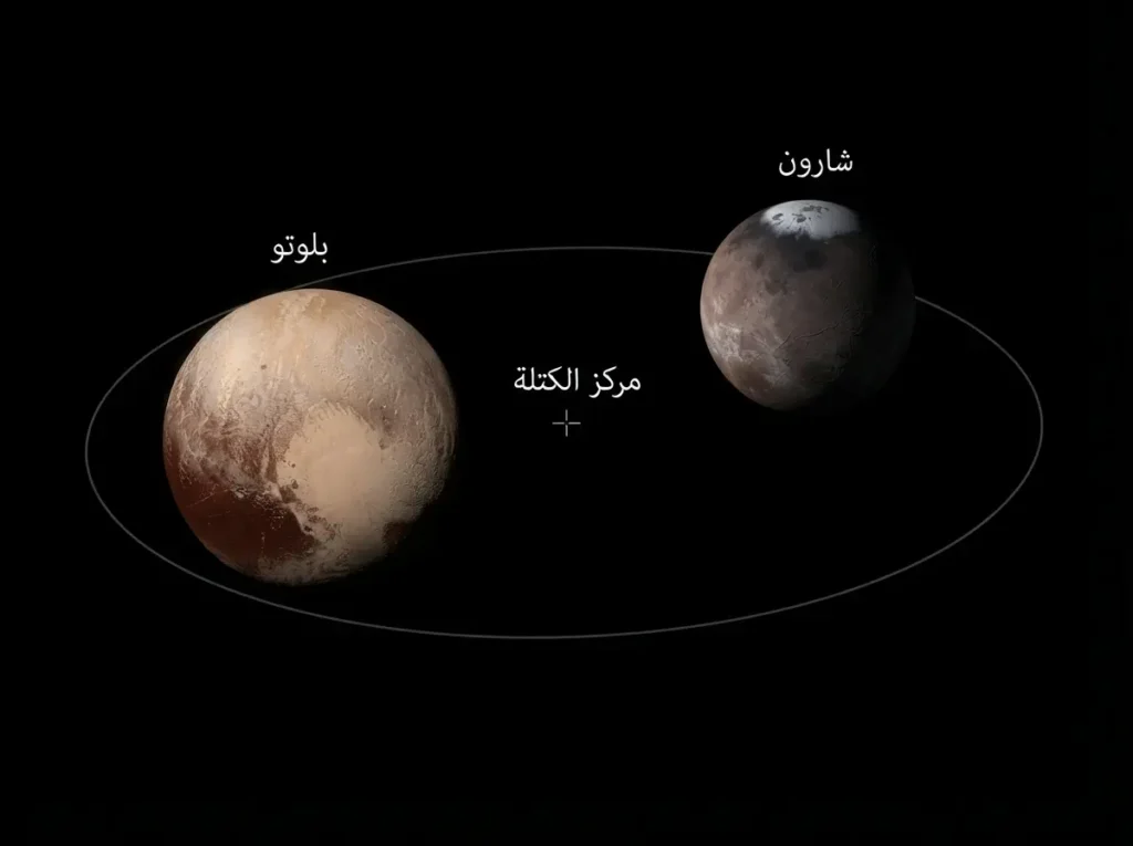  رسم واقعي يوضح بلوتو وشارون وهما يدوران حول مركز كتلة يقع بينهما في الفضاء