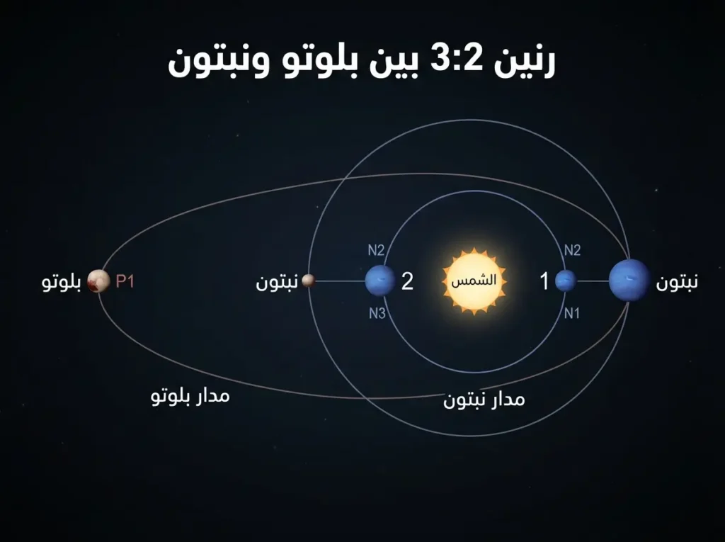  إنفوجرافيك يوضح الرنين المداري 3:2 بين بلوتو ونبتون وكيف يمنع التصادم بينهما