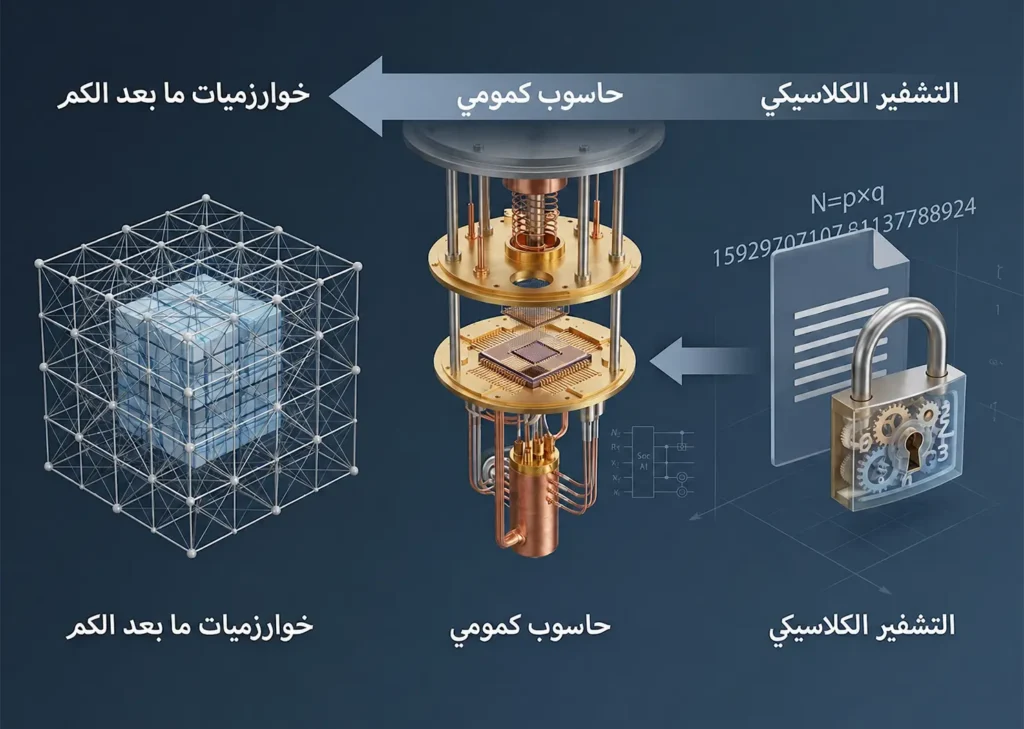 مشهد علمي ثلاثي الأبعاد يوضح العلاقة بين التشفير الكلاسيكي والحاسوب الكمومي وخوارزميات ما بعد الكم.