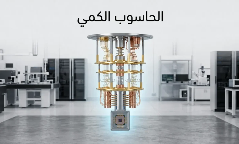 حاسوب كمي فائق الواقعية داخل مختبر متقدم مع برج تبريد كمي ومعالج في أعماقه