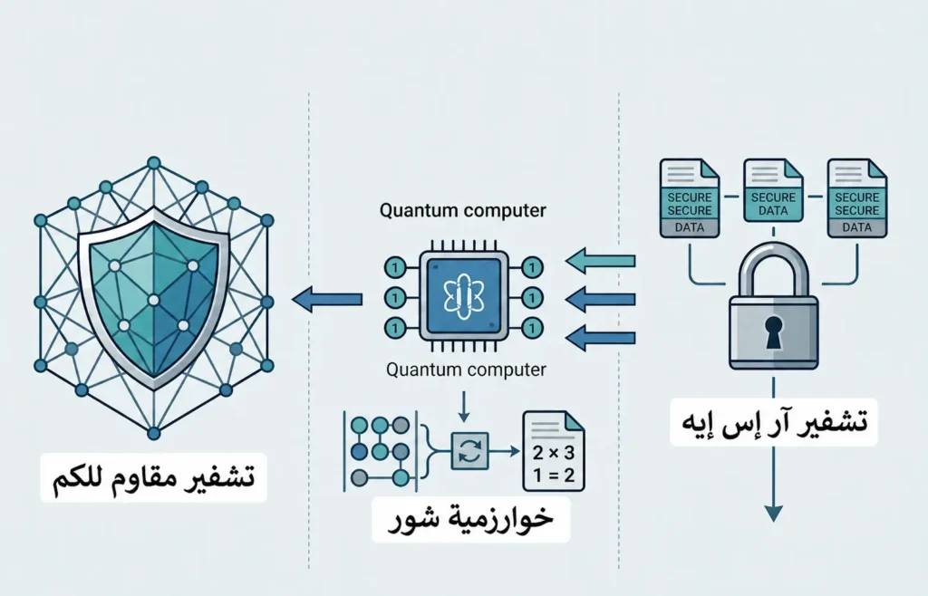  مخطط يوضح كيف تهدد خوارزمية شور بعض أنظمة التشفير الحالية ولماذا تتجه المؤسسات إلى التشفير المقاوم للكم.