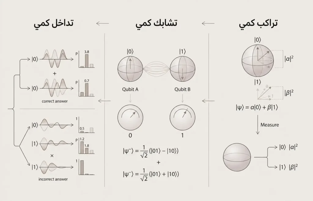 مخطط ثلاثي يشرح التراكب الكمي والتشابك الكمي والتداخل الكمي باعتبارها المبادئ الأساسية للحوسبة الكمية.