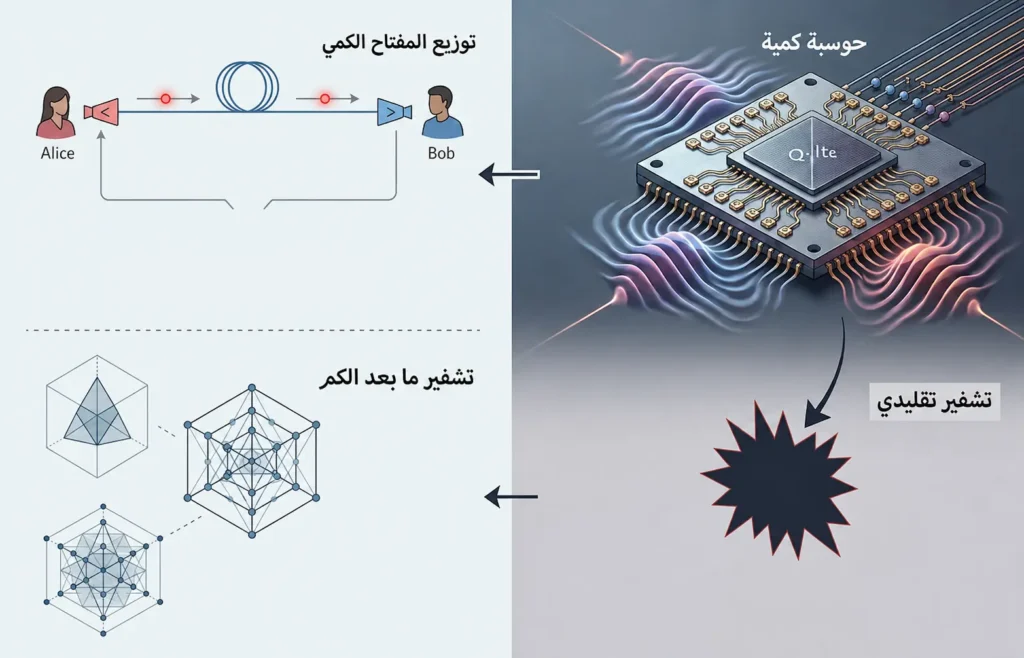 إنفوغراف يوضح تهديد الحوسبة الكمية للتشفير التقليدي ومسارات الحماية عبر التشفير ما بعد الكم وتوزيع المفتاح الكمي.