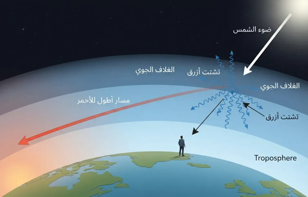 رسم يوضح تشتت الضوء الأزرق في الغلاف الجوي ومرور الضوء الأحمر لمسار أطول.