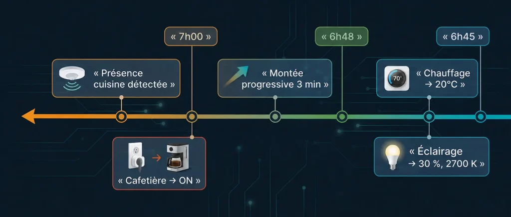 Timeline d'automatisation domotique d'une routine matinale avec séquence de déclenchement du chauffage, de l'éclairage progressif et de la cafetière connectée.