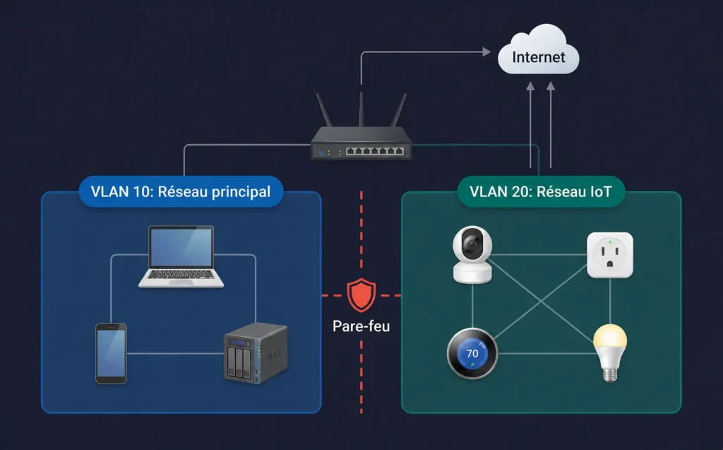 Schéma d'architecture réseau résidentielle avec segmentation VLAN séparant le réseau principal du réseau IoT via un pare-feu.