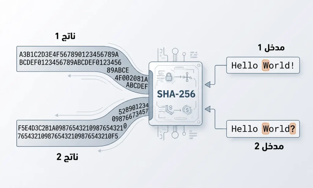 إنفوغراف يوضح كيف يؤدي تغيير حرف واحد في المدخل إلى مخرجات مختلفة كلياً في SHA-256.