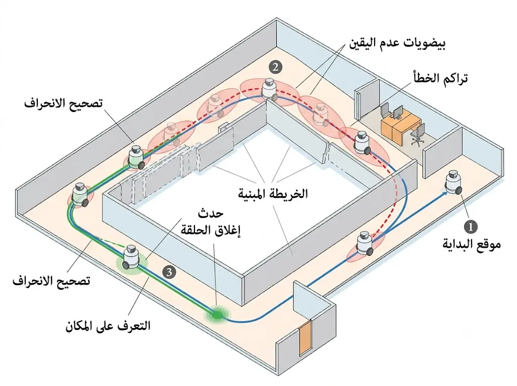 رسم توضيحي يبين مسار جهاز داخل بيئة مغلقة وكيف تصحح خوارزمية SLAM الانحراف عند التعرف على مكان سبق زيارته.