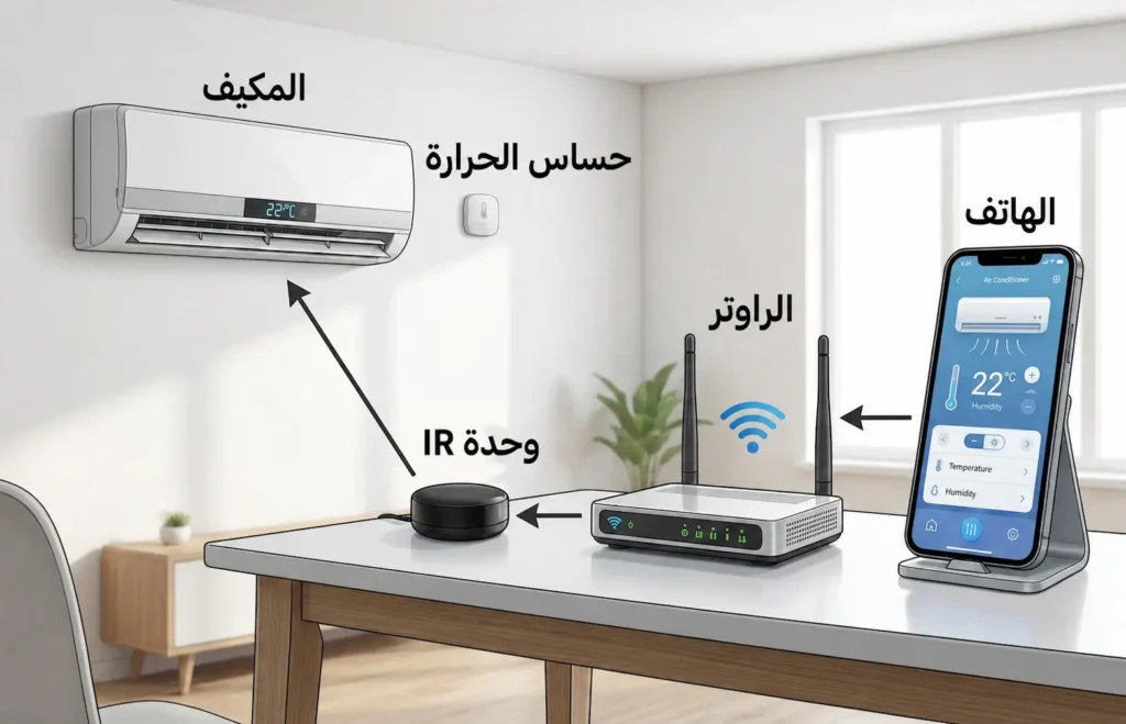 رسم تقني يوضح كيف يتحكم الهاتف والراوتر ووحدة الأشعة تحت الحمراء بالمكيف العادي مع استخدام حساس حرارة للأتمتة.