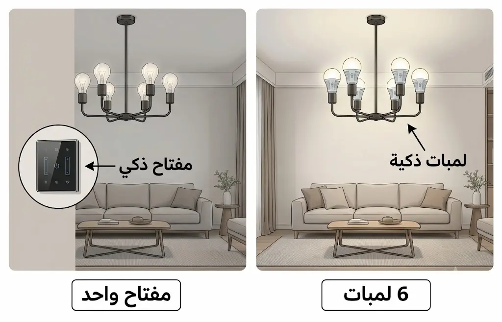 رسم معلوماتي يقارن بين استخدام ست لمبات ذكية وبين مفتاح ذكي واحد للتحكم بالإضاءة نفسها.